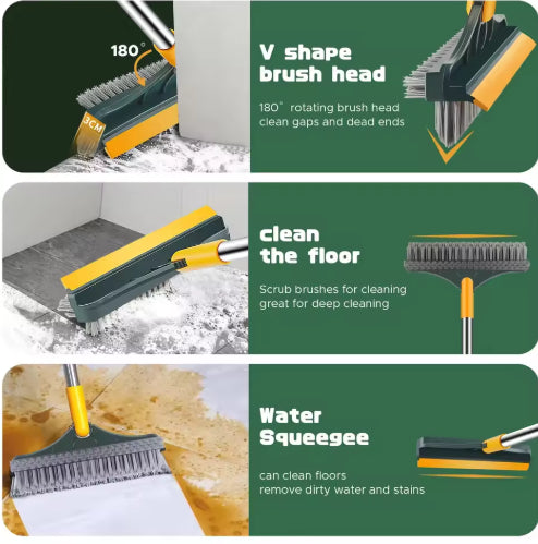 Dual-Action Bathroom Cleaning Brush with Squeegee & Aluminium Handle